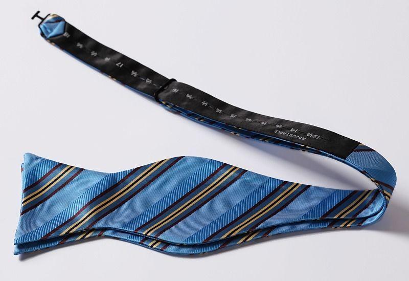 Men's Silk Blue Yellow Stripe Self Bow Tie Pocket Handkerchief - Amedeo Exclusive