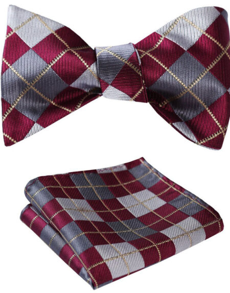 Burgundy Gray check Mens Silk Self tie Bow Tie with Pocket Squares Set - Amedeo Exclusive