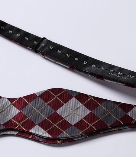 Burgundy Gray check Mens Silk Self tie Bow Tie with Pocket Squares Set - Amedeo Exclusive