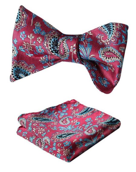 Red Blue Paisley Mens Silk Self tie Bow Tie with Pocket Squares Set - Amedeo Exclusive