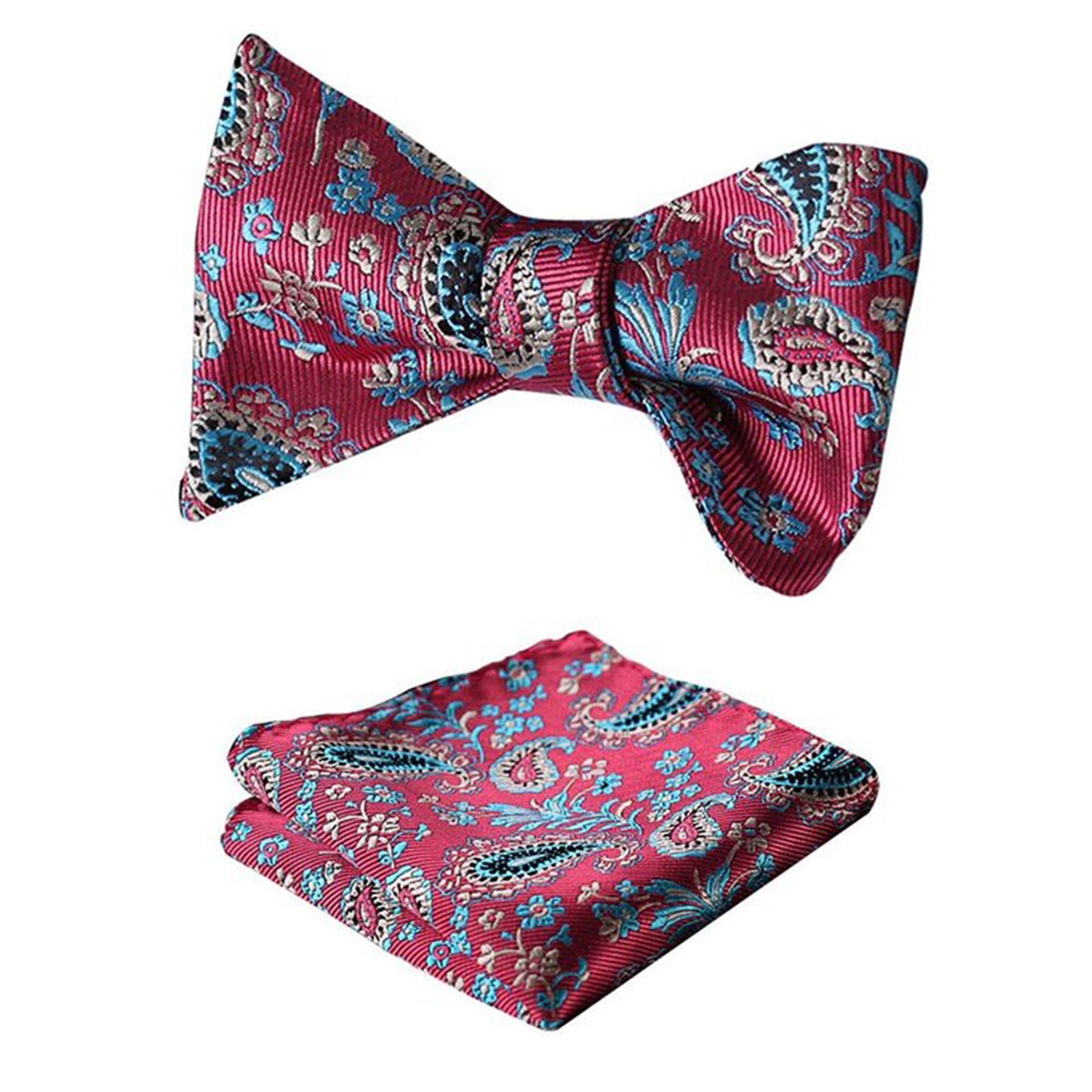 Red Blue Paisley Mens Silk Self tie Bow Tie with Pocket Squares Set - Amedeo Exclusive