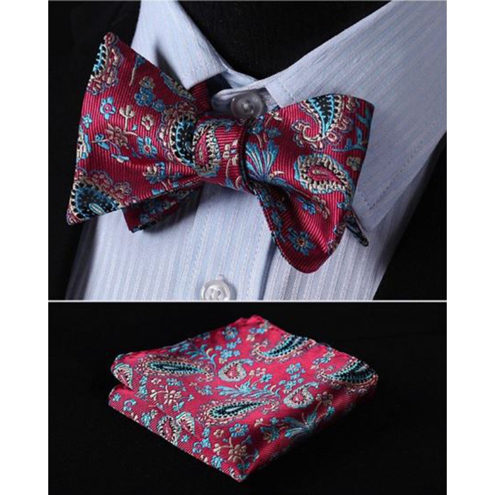 Red Blue Paisley Mens Silk Self tie Bow Tie with Pocket Squares Set - Amedeo Exclusive