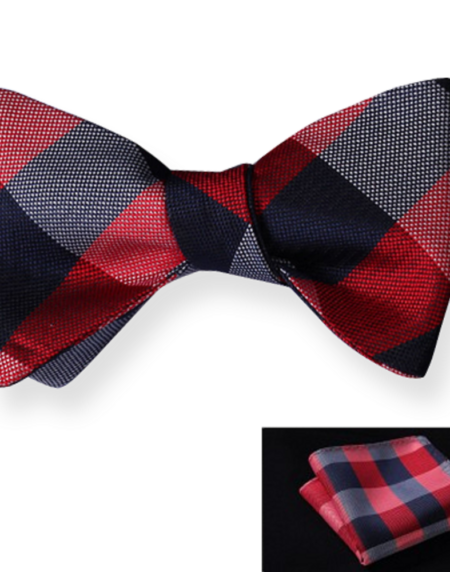 Red Navy Check Mens Silk Self tie Bow Tie with Pocket Squares Set - Amedeo Exclusive