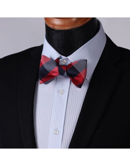 Red Navy Check Mens Silk Self tie Bow Tie with Pocket Squares Set - Amedeo Exclusive
