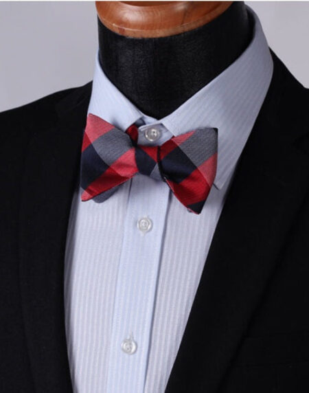 Red Navy Check Mens Silk Self tie Bow Tie with Pocket Squares Set