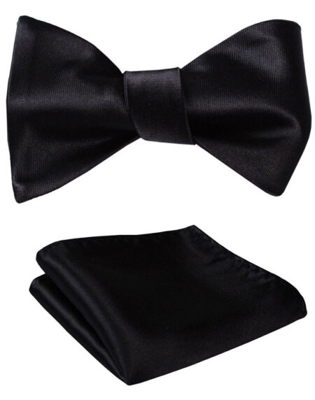 Pure Black Solid Mens Silk Self tie Bow Tie with Pocket Squares Set - Amedeo Exclusive