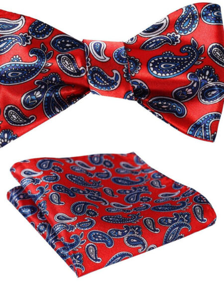 Hot Red Blue Pailsey Mens Silk Self tie Bow Tie with Pocket Squares Set - Amedeo Exclusive
