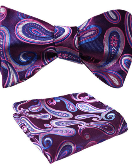 Purple Blue Paisley Mens Silk Self tie Bow Tie with Pocket Squares Set - Amedeo Exclusive