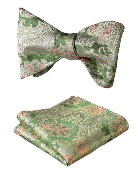 Green Yellow Floral Mens Silk Self tie Bow Tie with Pocket Squares Set - Amedeo Exclusive
