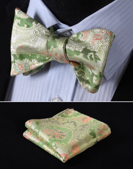 Green Yellow Floral Mens Silk Self tie Bow Tie with Pocket Squares Set - Amedeo Exclusive