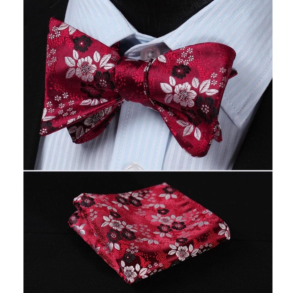 Blue Red Check Mens Silk Self tie Bow Tie with Pocket Squares Set - Amedeo Exclusive