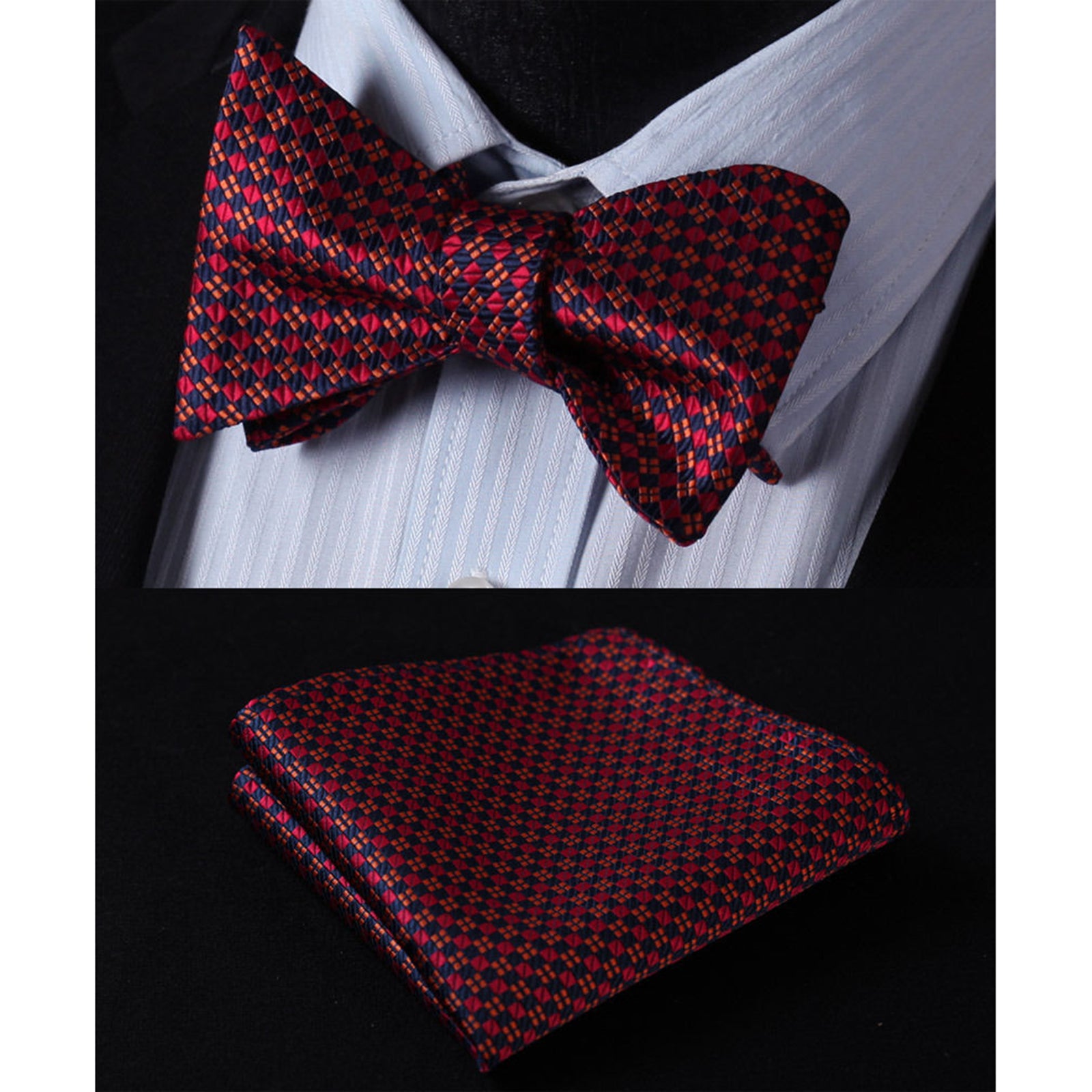 Men's Silk Orange Blue Check Self Bow Tie Pocket Handkerchief - Amedeo Exclusive