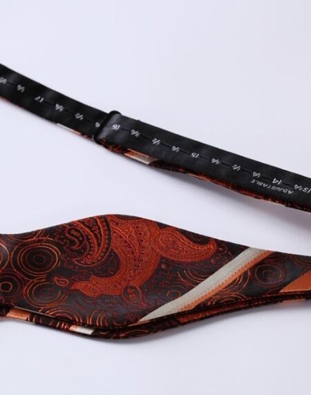 Men's Silk Orange Paisley Stripe Self  Bow Tie Pocket Handkerchief - Amedeo Exclusive