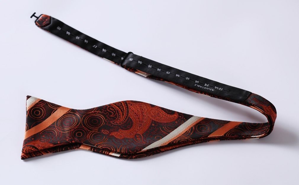 Men's Silk Orange Paisley Stripe Self Bow Tie Pocket Handkerchief - Amedeo Exclusive