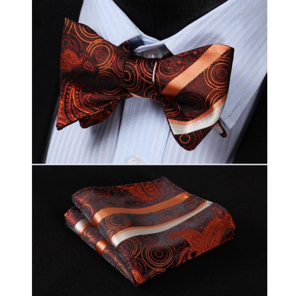 Men's Silk Orange Paisley Stripe Self Bow Tie Pocket Handkerchief - Amedeo Exclusive