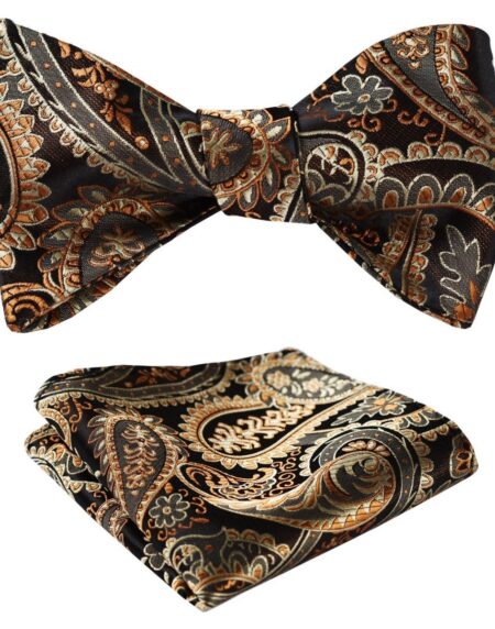 Men's Silk Gold Paisley Floral Self  Bow Tie Pocket Handkerchief - Amedeo Exclusive