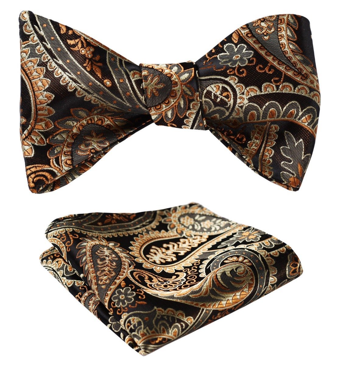 Men's Silk Gold Paisley Floral Self Bow Tie Pocket Handkerchief - Amedeo Exclusive
