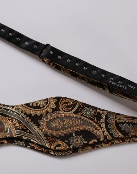 Men's Silk Gold Paisley Floral Self  Bow Tie Pocket Handkerchief - Amedeo Exclusive