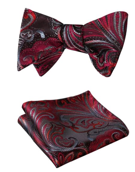 Men's Silk Red Gray Floral Self  Bow Tie Pocket Handkerchief - Amedeo Exclusive