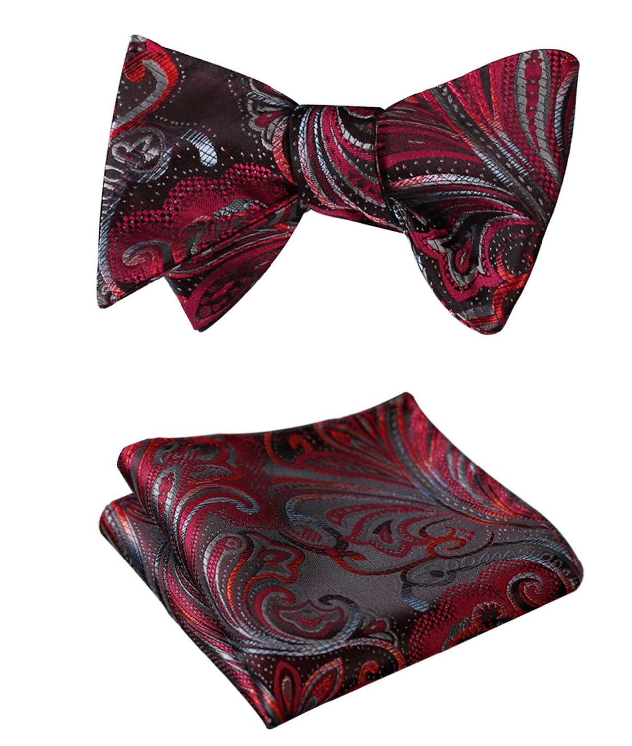Men's Silk Red Gray Floral Self Bow Tie Pocket Handkerchief - Amedeo Exclusive