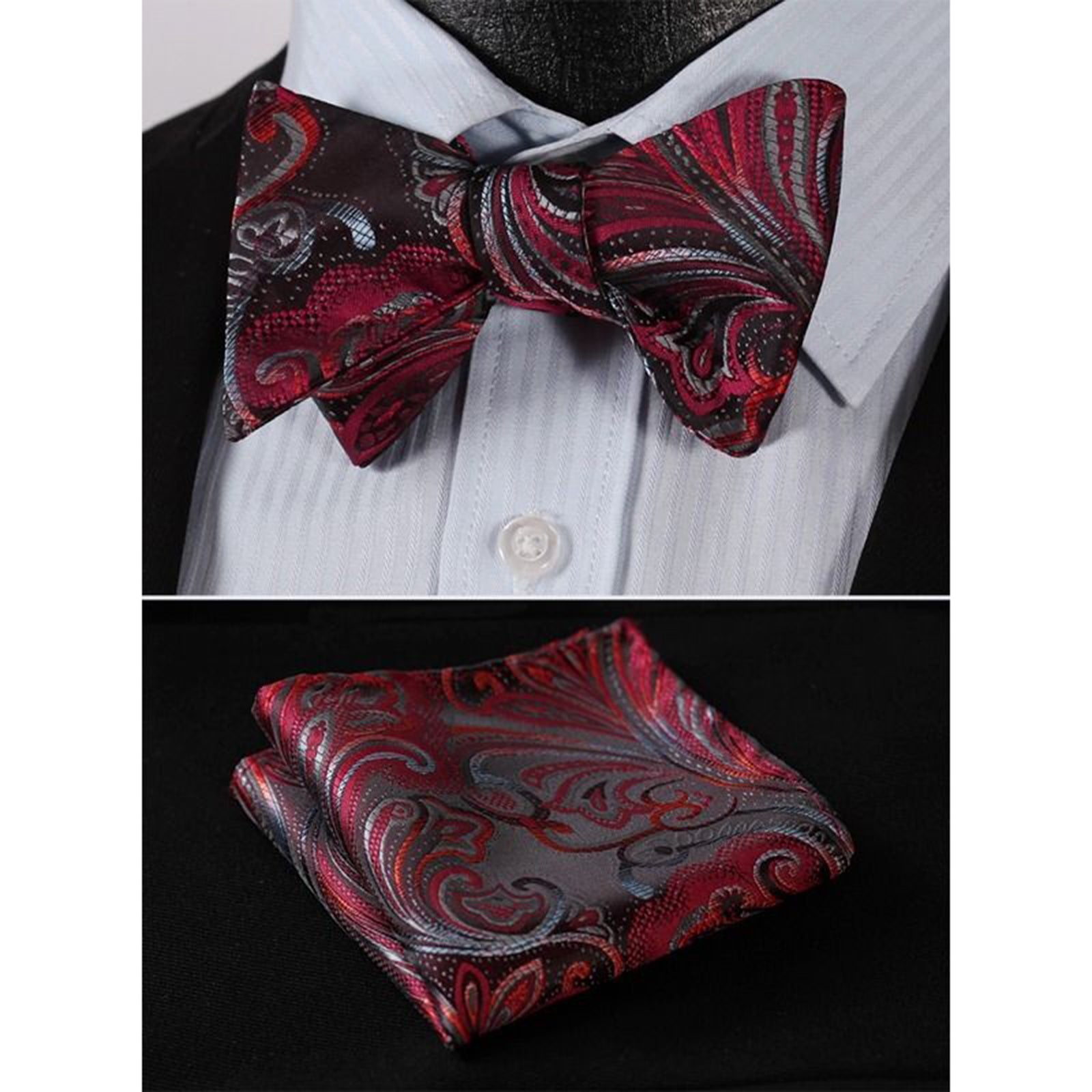 Men's Silk Red Gray Floral Self Bow Tie Pocket Handkerchief - Amedeo Exclusive