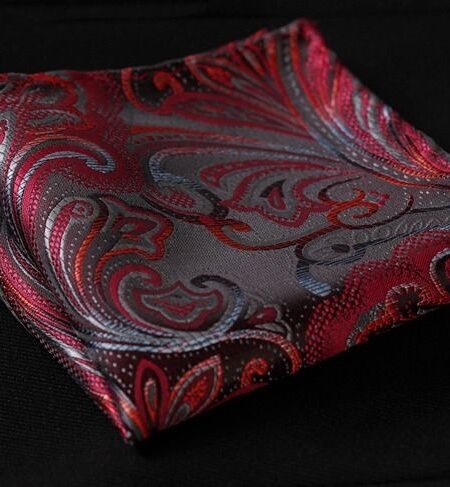 Men's Silk Red Gray Floral Self  Bow Tie Pocket Handkerchief - Amedeo Exclusive