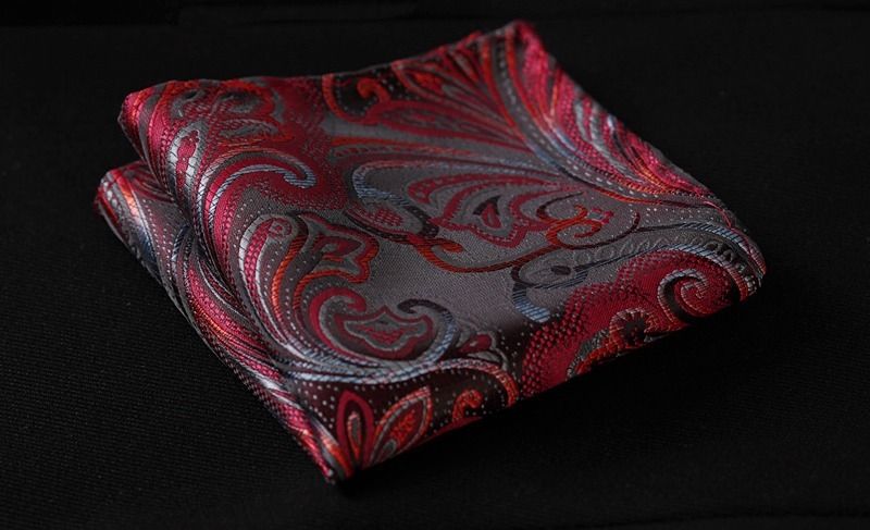 Men's Silk Red Gray Floral Self Bow Tie Pocket Handkerchief - Amedeo Exclusive