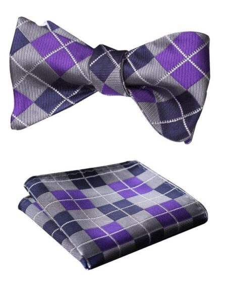 Purple Navy Blue Check Mens Silk Self tie Bow Tie with Pocket Squares Set - Amedeo Exclusive