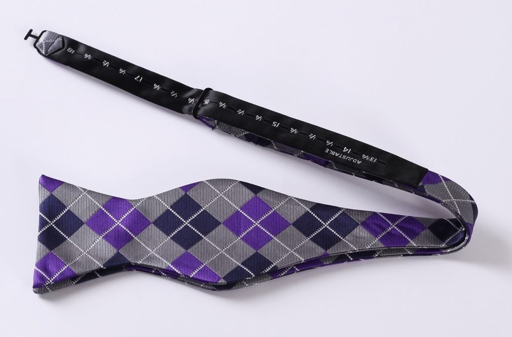 Purple Navy Blue Check Mens Silk Self tie Bow Tie with Pocket Squares Set - Amedeo Exclusive