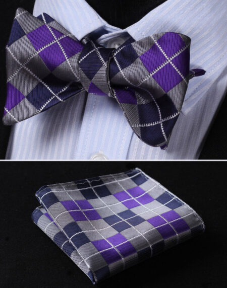 Purple Navy Blue Check Mens Silk Self tie Bow Tie with Pocket Squares Set - Amedeo Exclusive