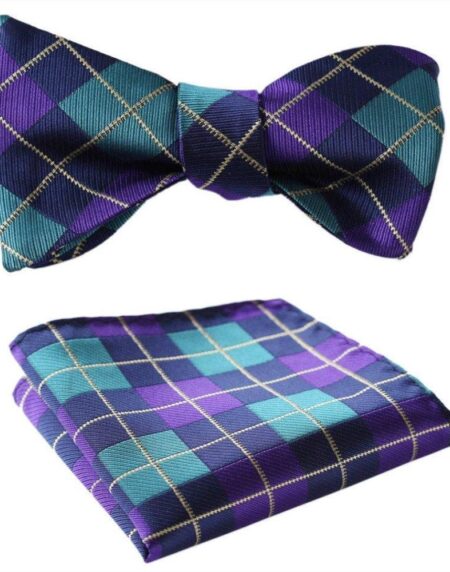 Men's Silk Aqua Purple Check Self Bow Tie Handkerchief - Amedeo Exclusive