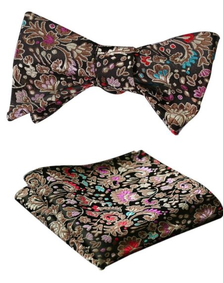 Men's Silk Brown Pink Floral Self Bow Tie Handkerchief - Amedeo Exclusive