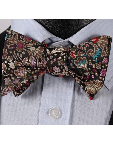 Men's Silk Brown Pink Floral Self Bow Tie Handkerchief - Amedeo Exclusive