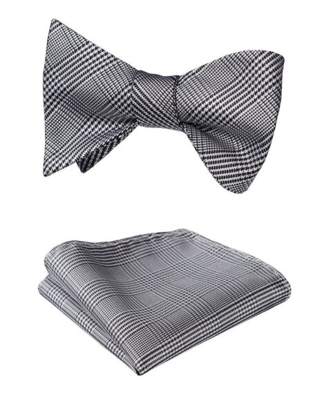 Men's Silk Black White Check Self  Bow Tie Pocket Handkerchief - Amedeo Exclusive