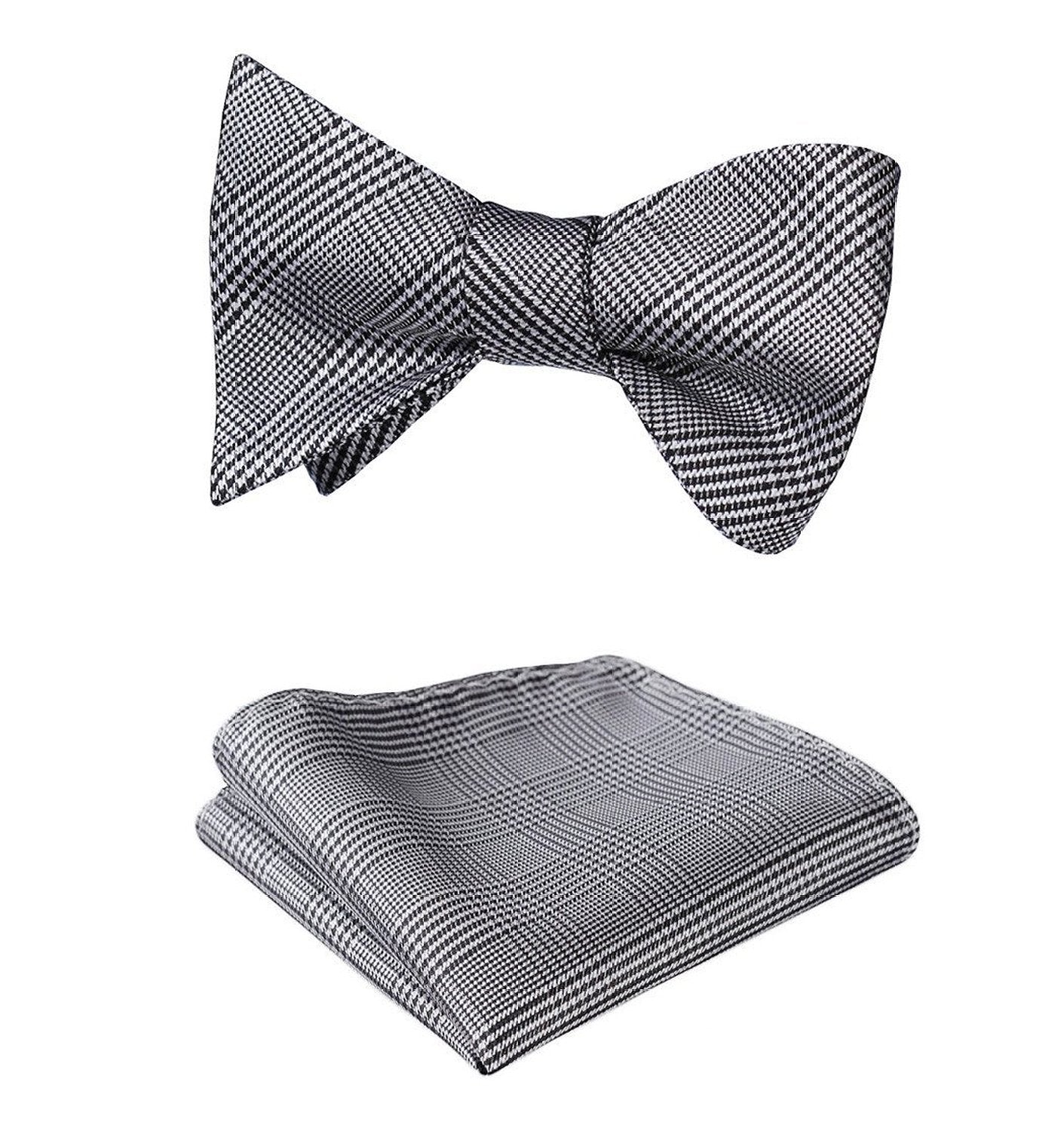Men's Silk Black White Check Self Bow Tie Pocket Handkerchief - Amedeo Exclusive