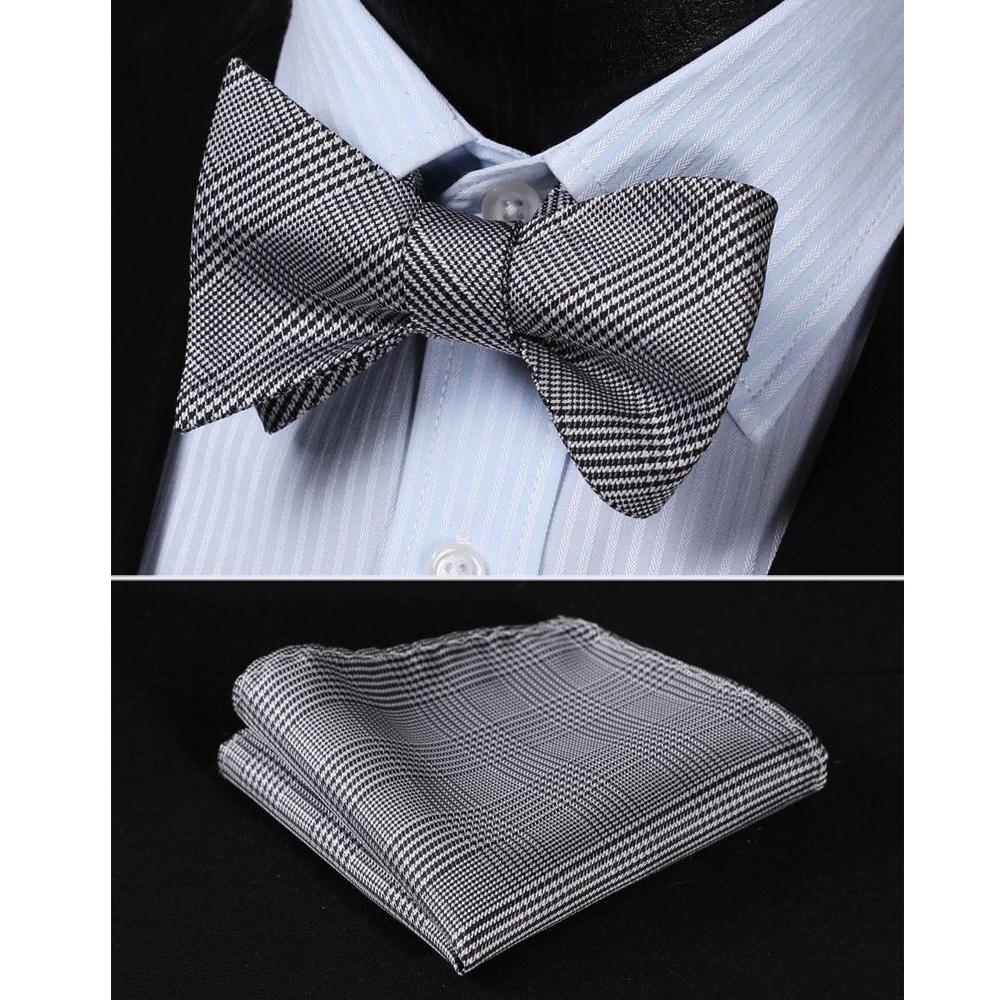 Men's Silk Black White Check Self Bow Tie Pocket Handkerchief - Amedeo Exclusive