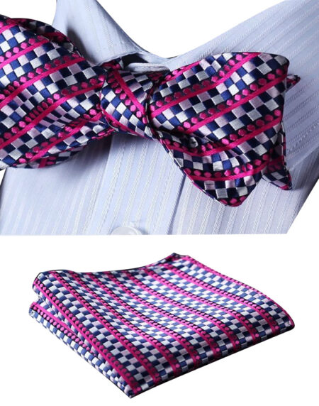 Pink Blue Mens Silk Self tie Bow Tie with Pocket Squares Set - Amedeo Exclusive