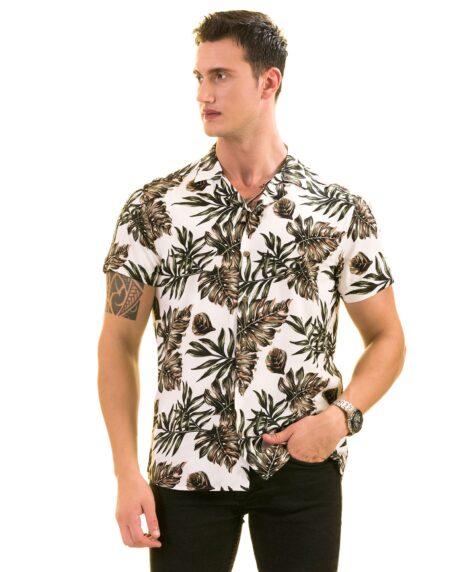 White Printed Tropical Hawaiian Shirt for Men – European Made Summer Wear
