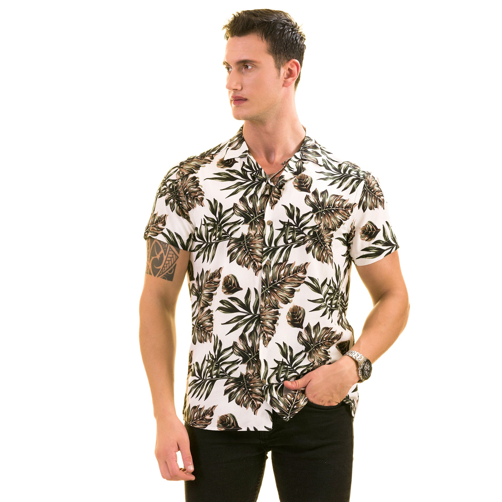 White Printed Tropical Hawaiian Shirt for Men – European Made Summer Wear