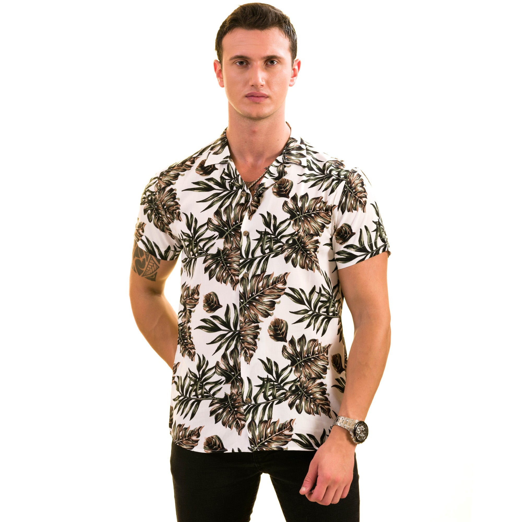 White Printed Tropical Hawaiian Shirt for Men - European Made Summer Wear - Image 4