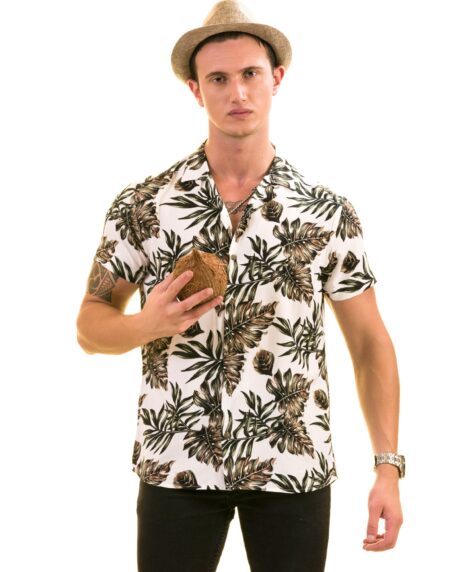 White Printed Tropical Hawaiian Shirt for Men – European Made Summer Wear
