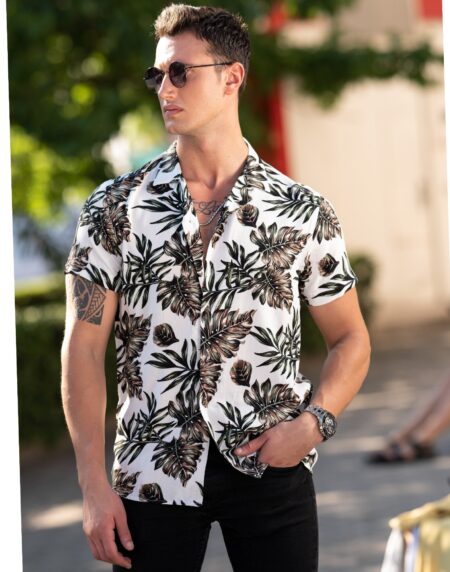 White Printed Tropical Hawaiian Shirt for Men – European Made Summer Wear