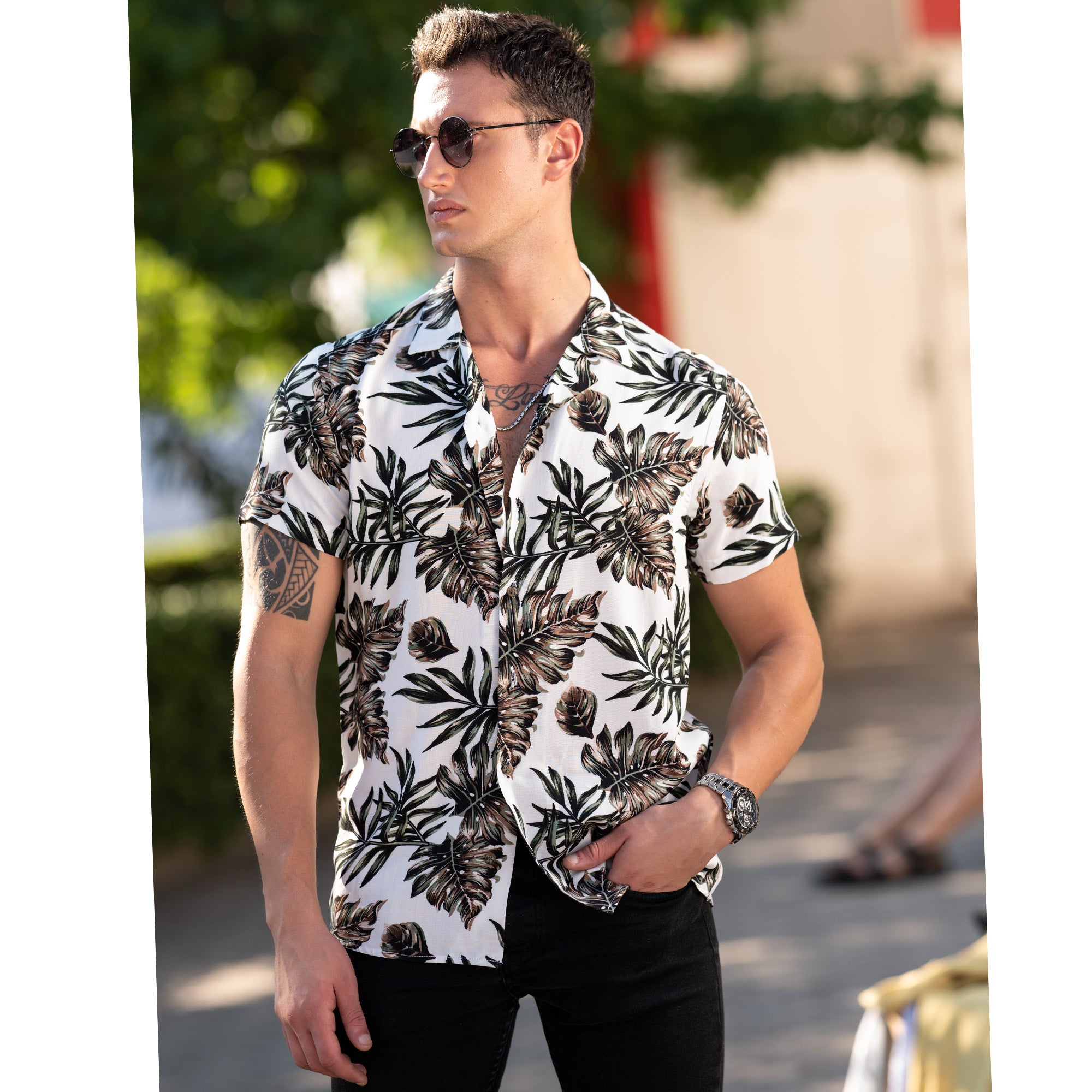 White Printed Tropical Hawaiian Shirt for Men - European Made Summer Wear - Image 6