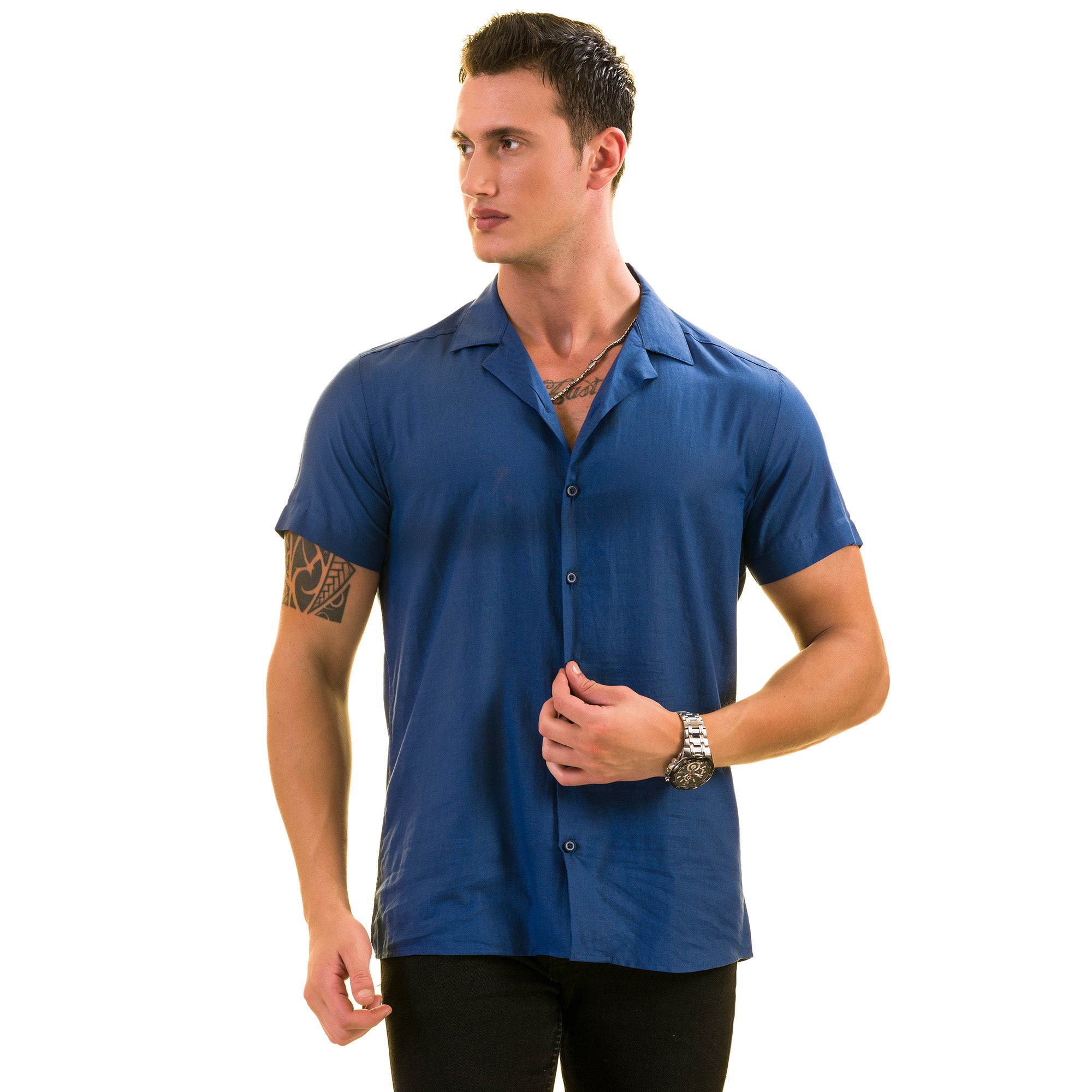 Blue Solid Hawaiian Shirt for Men - European Designed Summer Style