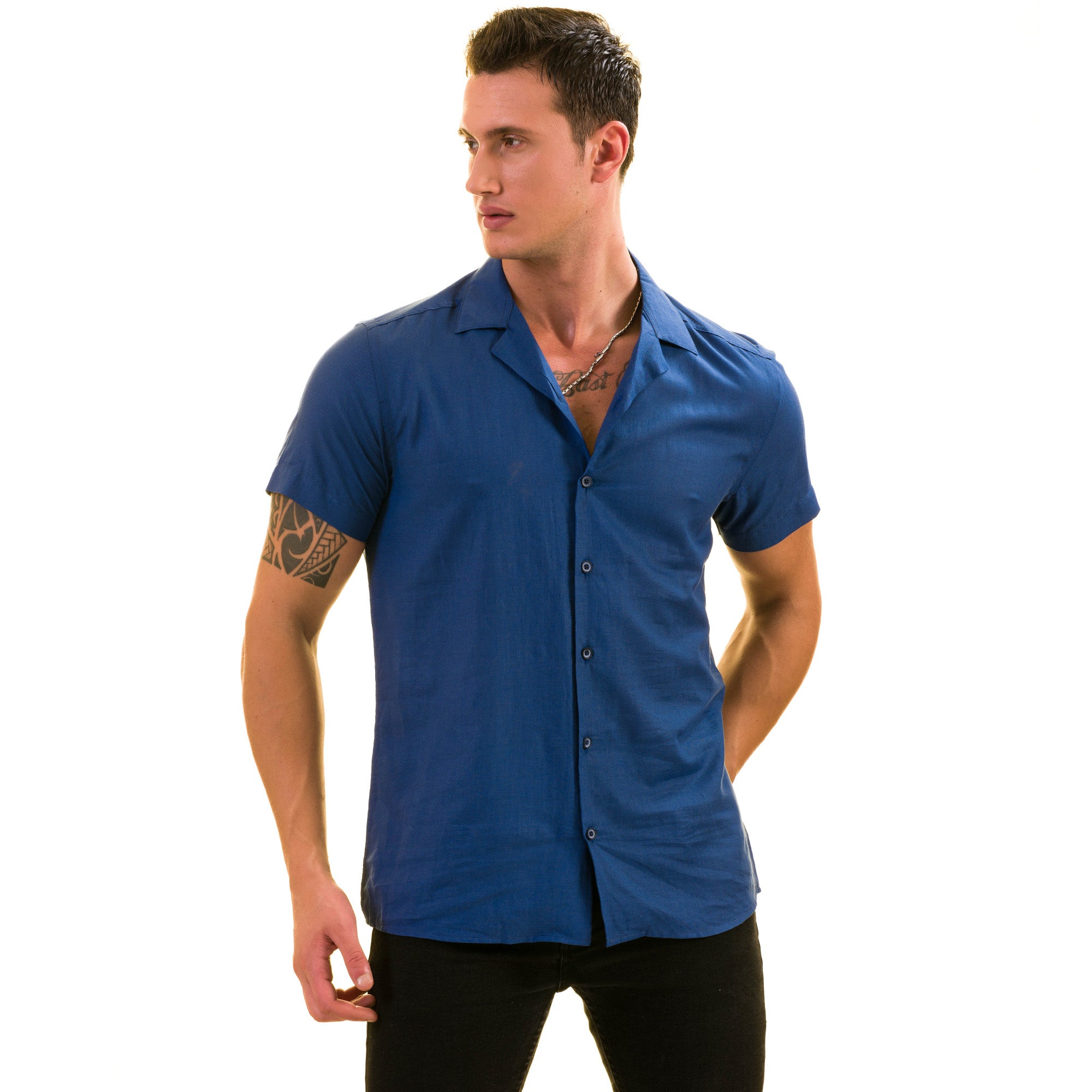 Blue Solid Hawaiian Shirt for Men - European Designed Summer Style - Image 3