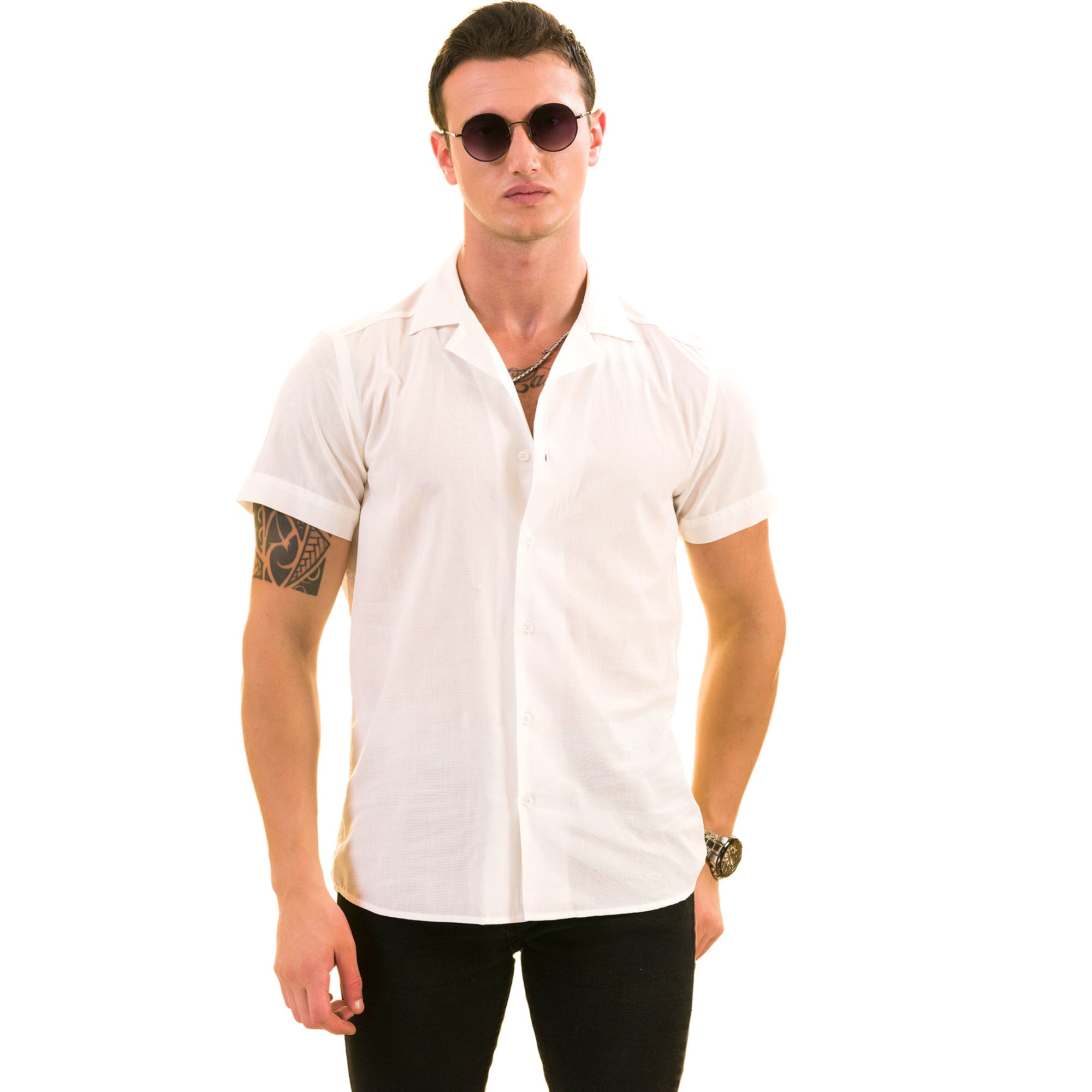 Men's Blue White Palm Trees European Made & Designed Hawaiian Summer Shirts - Image 4