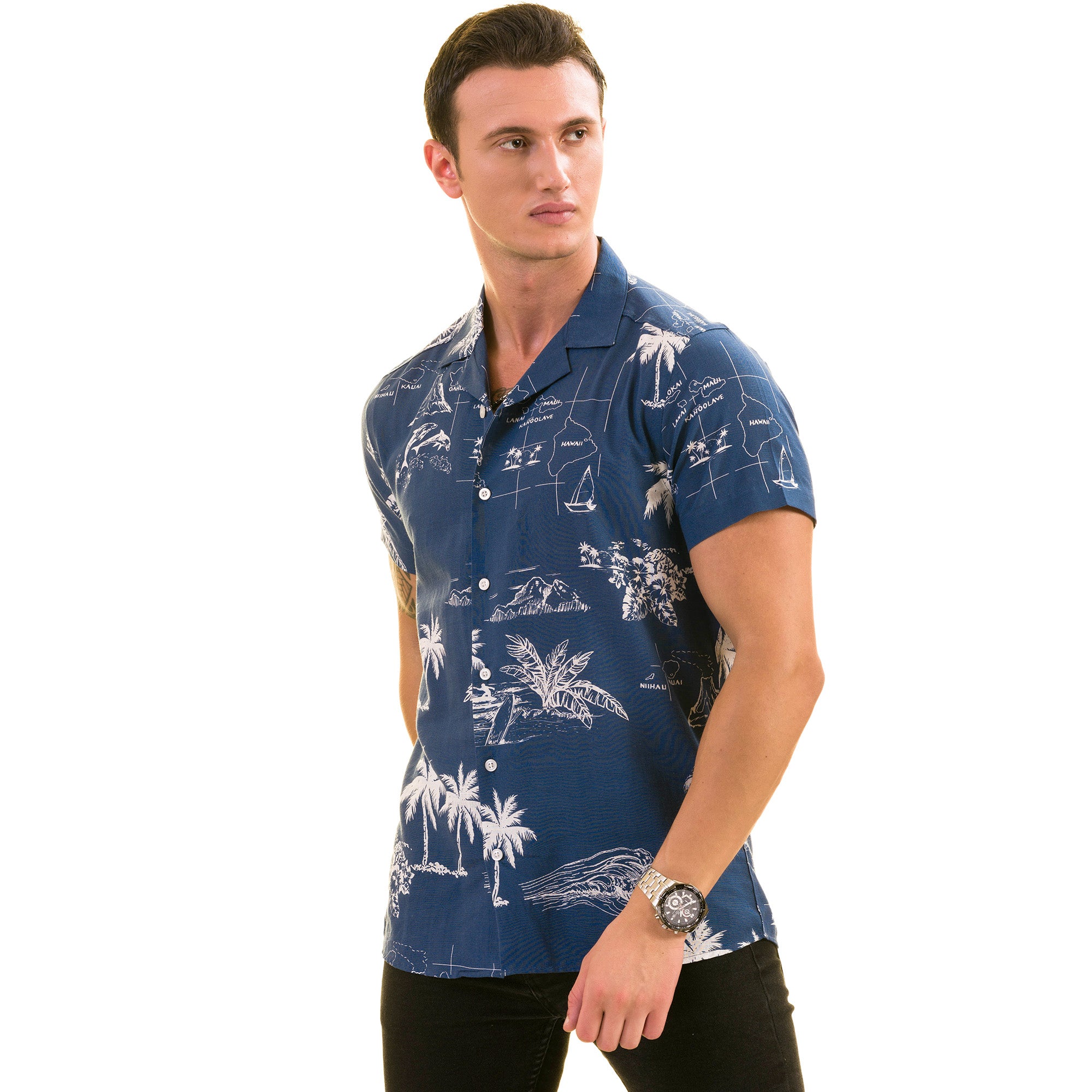 Blue Printed on White European Made & Designed Hawaiian Summer Shirts for Men - Image 2