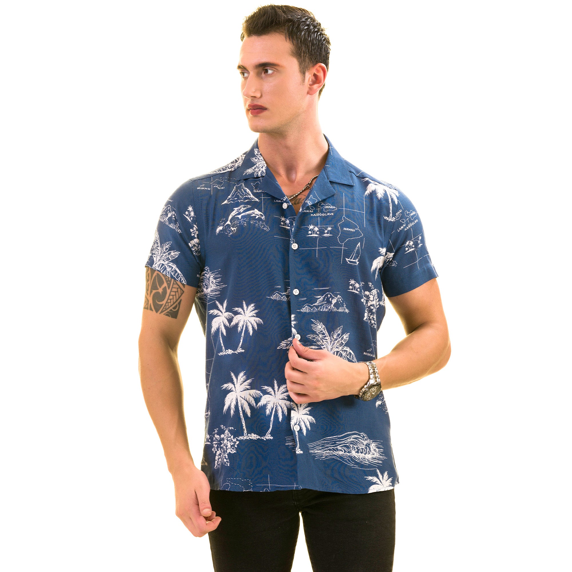 Blue Printed on White European Made & Designed Hawaiian Summer Shirts for Men