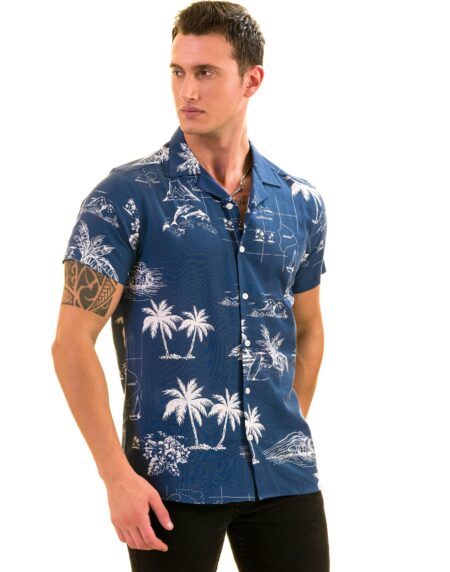 Blue Printed on White European Made & Designed Hawaiian Summer Shirts for Men