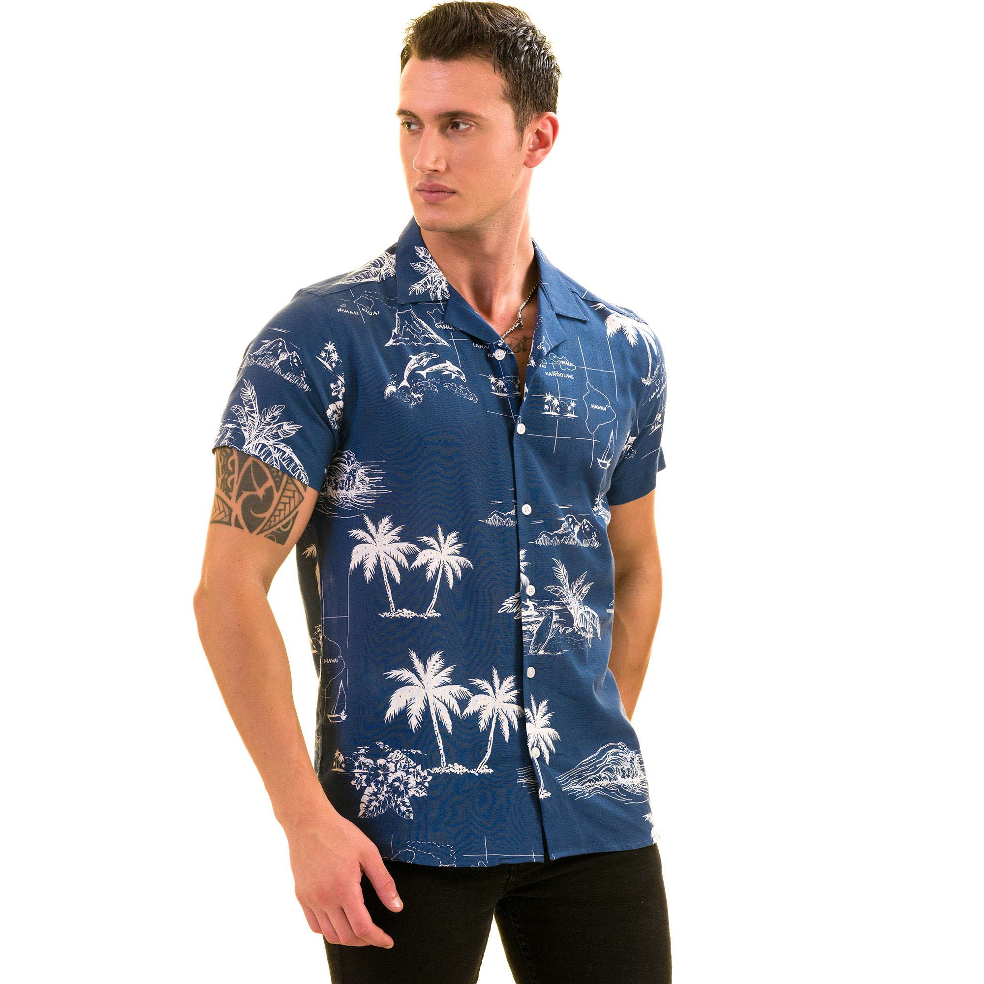 Blue Printed on White European Made & Designed Hawaiian Summer Shirts for Men - Image 3